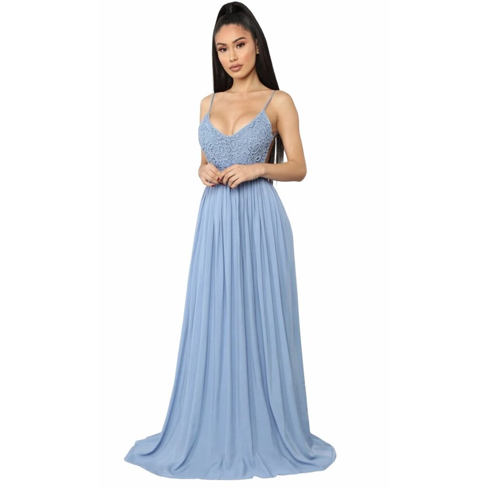 Fashion Nova Ancient Rome Maxi Dress Blue Lace Crotchet Boho Flowy Size S NWT
